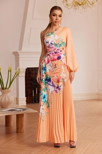 Detail of coral floral pleated maxi dress featuring one-shoulder lantern sleeve design
