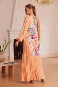 Detail of floral print pleated maxi dress with one-shoulder design and lantern sleeve
