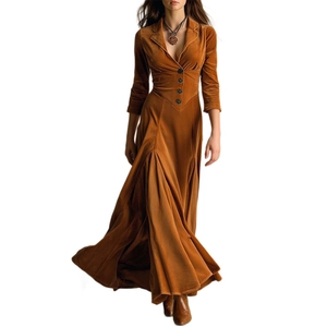 Robe longue élégante en velours ambre à manches longues avec col en V à revers et boutons
