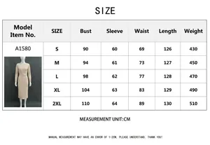 Detailed size guide for V-neck long sleeve slim dress with bust and waist measurements