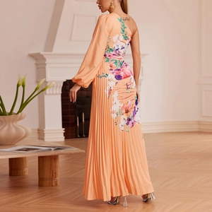 Floral print one shoulder pleated maxi dress with lantern sleeve in vibrant orange
