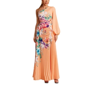 Floral print pleated long maxi dress with one-shoulder design and asymmetrical long sleeve