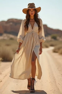 Détail d'une robe maxi bohème beige à col en V avec dentelle et fente haute sur une route