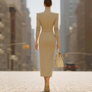 Detailed back view of a slim fit beige midi dress with long sleeves and a wide waist belt