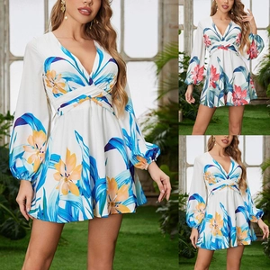 Damen V-Ausschnitt Blumenmuster Kleid Elegant Lange Puffärmel Hohe Taille Mini A-Linie Kleid Sommer Strand Urlaub Kurz Kleid
