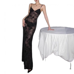 Robe longue en dentelle noire à col en V, maille transparente et coupe ajustée élégante