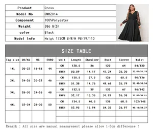 Detailed size chart for black V-neck lace long sleeve maxi dress in sizes 1XL to 4XL
