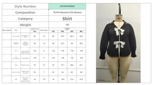 Detailed size chart and dimensions for the black polo collar bow top in plus sizes