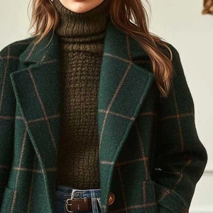 Vintage dark green plaid lapel coat with wool texture for women, autumn winter style