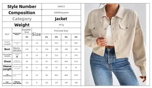Size chart for women plus size corduroy jacket showing detailed measurements for 1XL to 4XL