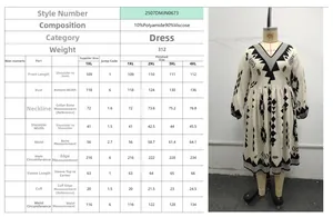 Detailed size chart for printed V-neck dress with long puff sleeves and waist measurements
