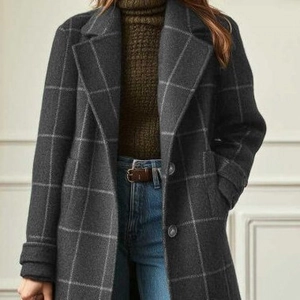Retro plaid wool coat with lapel collar and dark grey checkered pattern for women