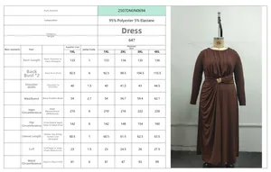 Size chart for brown long sleeve dress showing measurements for 1XL to 4XL plus sizes