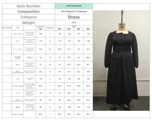 Detailed size chart for plus size square neck long sleeve dress with measurements