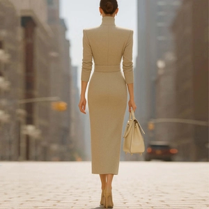 Elegant khaki slim fit long sleeve V-neck midi dress with belt shown in street view
