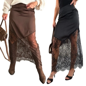 Women Sexy Satin Lace Patchwork Midi Skirt Asymmetric Bodycon High Waist Pencil Skirt Streetwear Bottoms