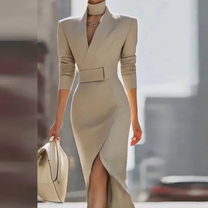Elegant khaki V-neck slim-fit midi dress with asymmetrical split hem and waist belt