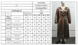 Detailed size chart for metallic V-neck dress with lantern sleeves and polyester fabric