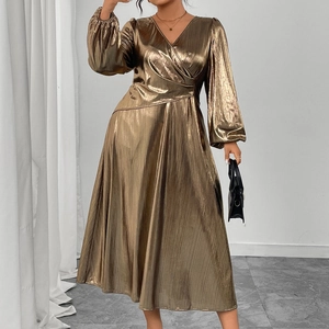 Plus Size V-Neck Metallic Pleated Maxi Dress For Women Elegant Lantern Sleeve Sexy Gold Evening Party Night Club Long Dress