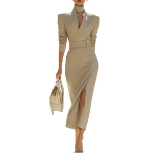 Elegant champagne V-neck midi dress with waist belt and side slit for women