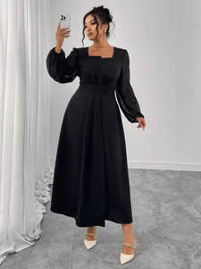 Elegant full-length black square neck maxi dress with stylish puff sleeves and A-line silhouette