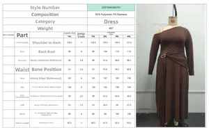 Detailed size chart for the brown one-shoulder long sleeve dress with waist ring detail