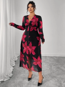 Deep V-neck floral dress detail with knotted chest and elegant pink flower pattern