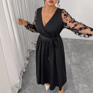 Women Plus Size Elegant Black V Neck Midi Dress Mesh Long Sleeve Floral Embroidery Tie Waist Sexy A Line Party Dress