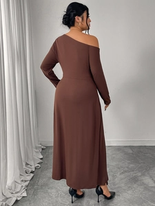 Rear view of an elegant coffee brown one-shoulder long sleeve maxi dress with slim fit silhouette