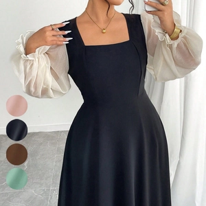 Robe Maxi Femme Col Carré Manches Bouffantes Patchwork en Maille Élégante Style Vintage Français Taille Haute Soirée Longue