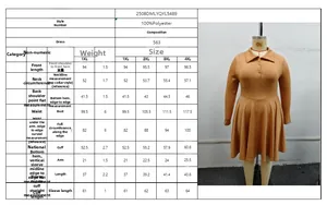 Guide des tailles pour robe trapèze caramel à manches longues avec mesures du 1XL au 4XL
