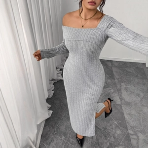 Women's Sexy Grey Ribbed Knit One-Shoulder Long Sleeve Midi Dress Asymmetric Neck Side Slit Bodycon Plus Size Party Dress