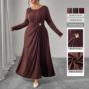 Women's Plus Size Elegant Round Neck Long Sleeve Maxi Dress Ruched Waist With Metal Buckle Autumn Party Sexy Long Dress