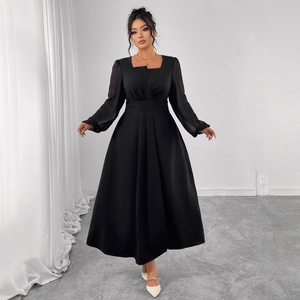 Elegant black long-sleeved midi dress with square neckline and high waist pleated design