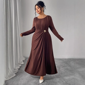 Elegant long sleeve brown maxi dress with waist pleats and metal buckle decoration