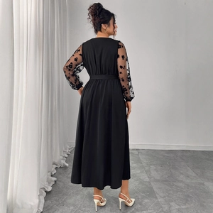 Elegant black high waist V-neck maxi dress with long lace floral embroidered sleeves
