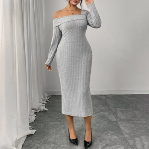 Gray ribbed knit bodycon dress featuring an asymmetric off-shoulder neckline and long sleeves