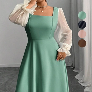 Robe midi élégante à col carré et manches en maille transparente, vert menthe et noir