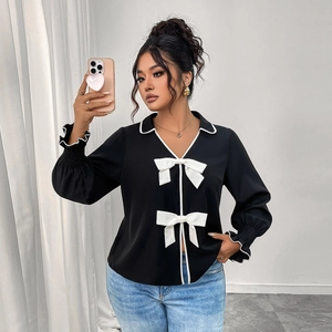 Women Plus Size Black Long Sleeve Blouse Elegant Contrast White Bow Decoration Polo Neck Casual Fashion Shirt Top