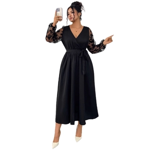 Elegant high-waist black V-neck dress with floral lace long sleeves and waist tie detail