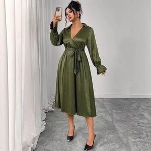 Women Elegant V Neck Satin Jacquard Leopard Midi Dress Long Lantern Sleeve Tie Waist Plus Size Loose Casual Party Dress