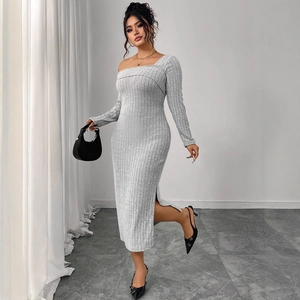 Grey ribbed knit one-shoulder dress with high side slit and elegant slim-fit long sleeve
