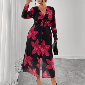 Women Plus Size Floral Print V Neck Long Sleeve Maxi Dress French Style Twist Front Slit Slimming Party Dress