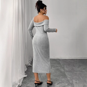 Back view of a grey knit rib off-shoulder bodycon dress with a sleek slim fit design