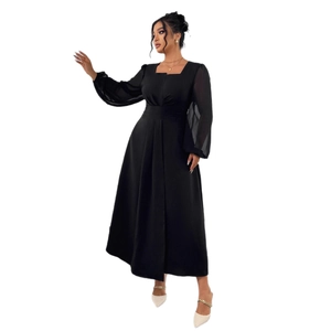 Elegant black long sleeve square neck dress with high waist pleats and chiffon sleeves