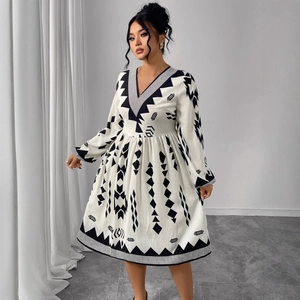 Women V-neck long sleeve floral midi dress with high waist and ethnic geometric print
