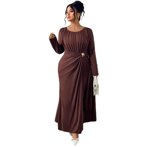 Women's brown plus size long sleeve maxi dress with pleated waist and metal buckle detail