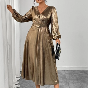 Elegant gold metallic V-neck pleated dress with lantern sleeves and a cinched waist style