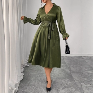 Elegant dark green satin wrap dress with V-neck, waist tie and stylish ruffled cuffs