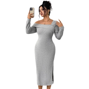 Chic grey ribbed knit midi dress featuring one-shoulder neckline and side slit